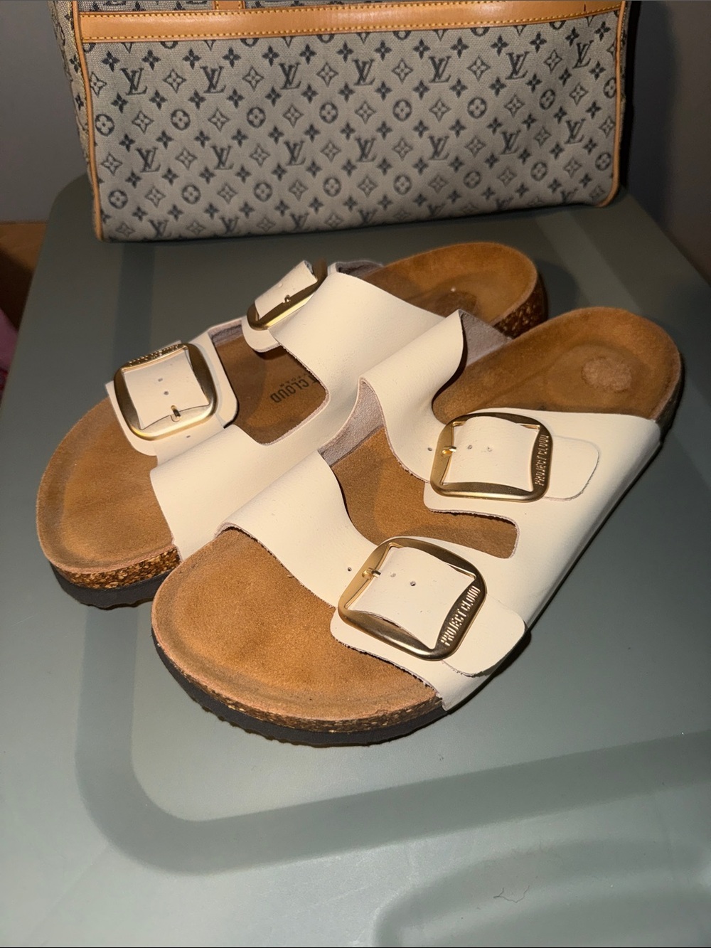 White Double-Buckle Slide Sandals for Women